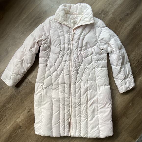 L.L. Bean Quilted Puffer Parka Coat Women Sz L White W Red Stain Goose Down Long - Picture 1 of 16